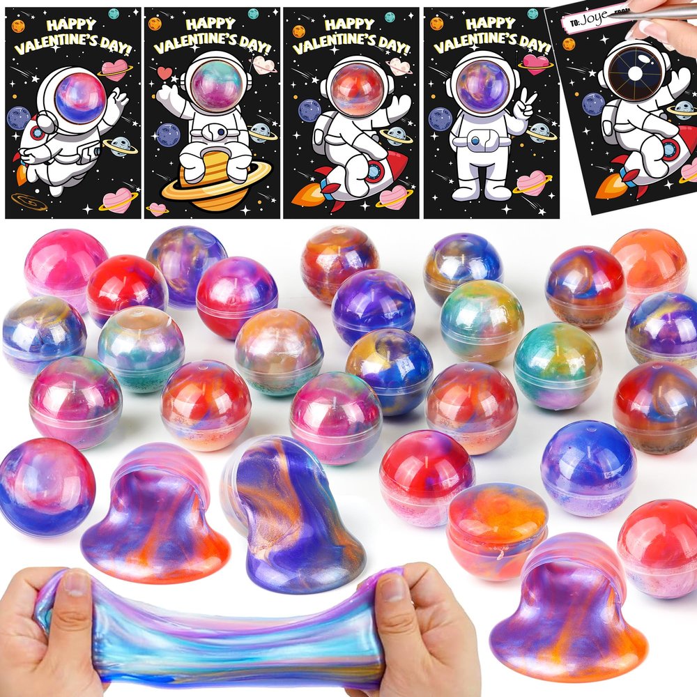 28 Pack Valentines Day Gifts for Kids Classroom, Galaxy Slime Valentines Cards for Kids School, Valentines Day Slime Toys Classroom Valentines Exchange Cards Valentine Party Favors for Boys Girls