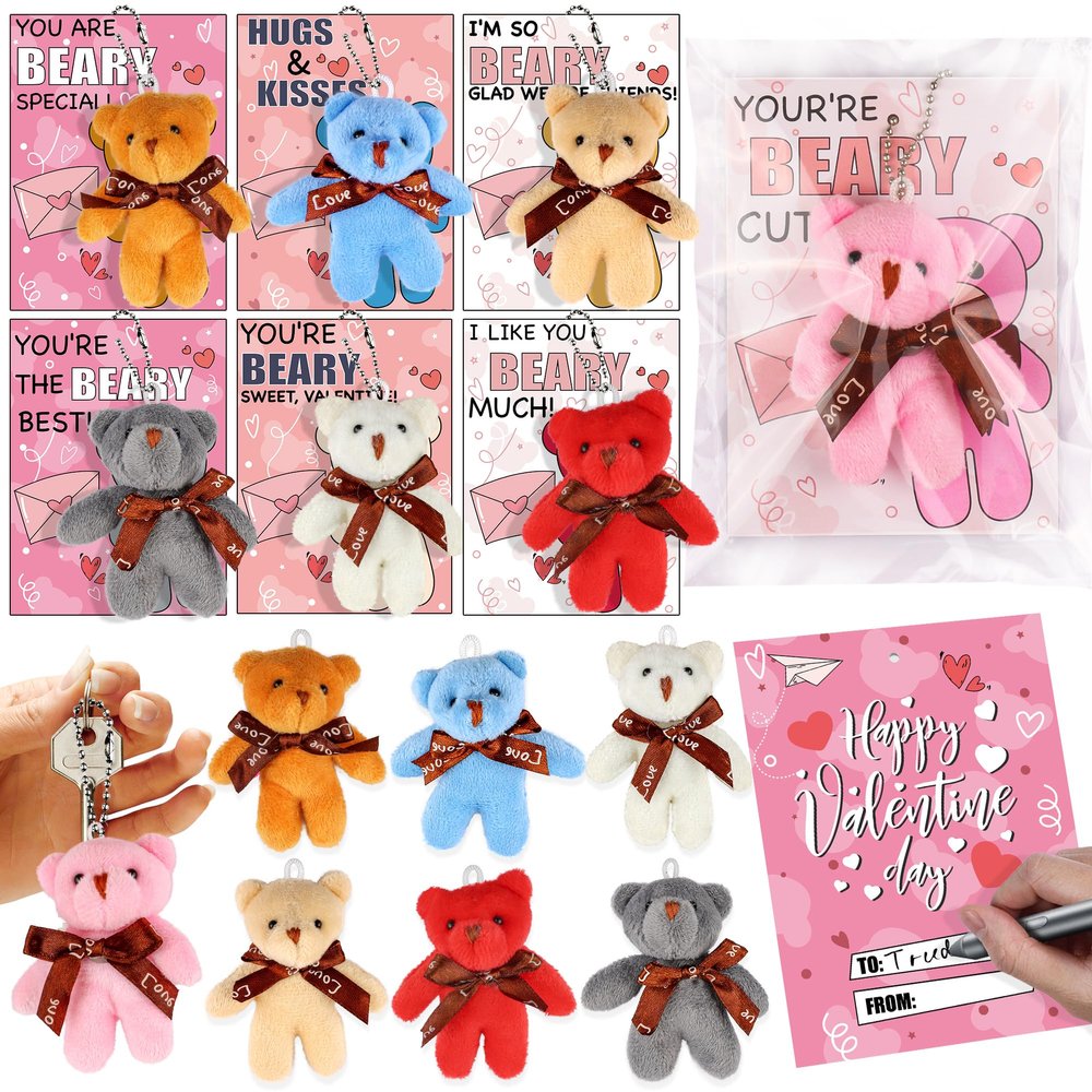 28 Pack Kids Valentines Cards with Bear Plush Toys Keychains Valentines Day Gifts for Kids Classroom School Valentines for Kid Class Gift Exchange Classroom Prizes Valentine Party Favors for Boy Girl