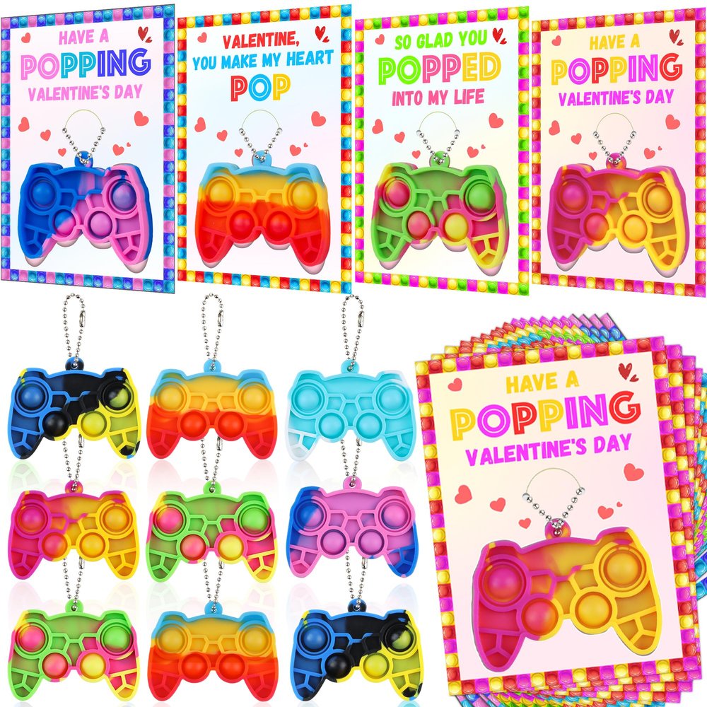 24 Pack Kids Valentines Day Cards with Mini Pop Fidget Keychain Valentines Day Gifts for Kids Classroom School, Valentines for Kid Class Valentines Exchange Cards Party Favors Classroom Exchange Gift