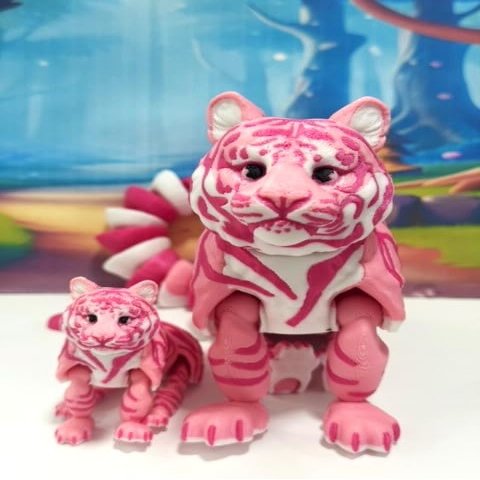 2pcs 3D Printed Tiger, Articulated Animal Creature Tiger Toys, Mother & Child Fidget Animal Pet for Home Office Executive Desk Decor, 3D Printed in USA AT001-MC-PINK