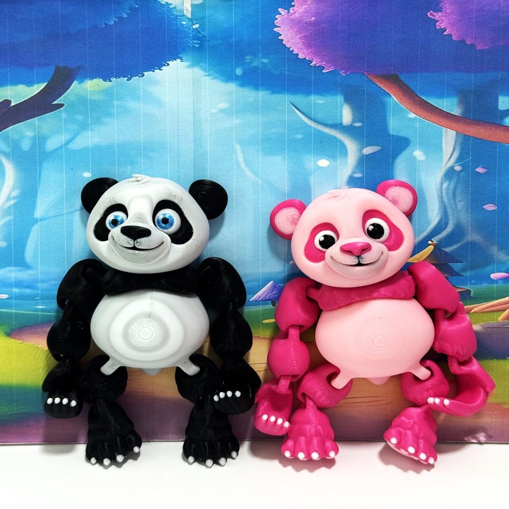2pcs Articulated Panda Bear Figurines, 3D Printed Movable and Posable Desk Toy for Stress Relief, Male and Female Panda Bear Fidget Toys, 3D Printed in USA - APB001-PK-BW