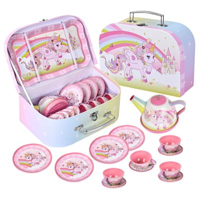 Fairy Toona Unicorn Tea Party Set for Little Girls Ages 3-6, 15-Piece Pretend Play Kitchen Toys with Teapot, Cups, Plates & Storage Case, Princess Gift Set