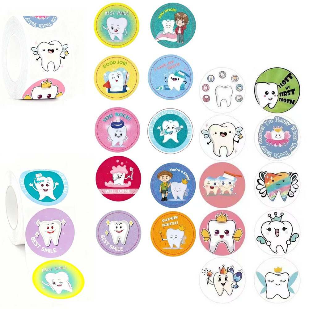 1000 Sheets Dental Stickers  20 Designs Cute Tooth Themed 1 Inch Round Rewards Stickers for Kids Dental Awards Party Craft Supplies for Dentists Schools Teachers Clinics Gifts