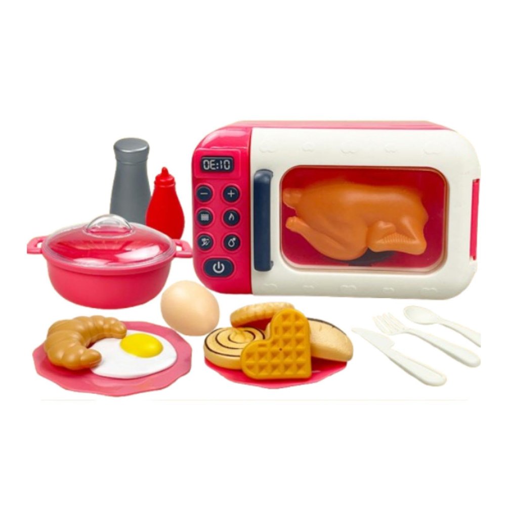 17 Pieces Kids Toys Pretend Play Microwave Oven Kitchen Playset Cooking Utensils for Kids Ages 3+, Red