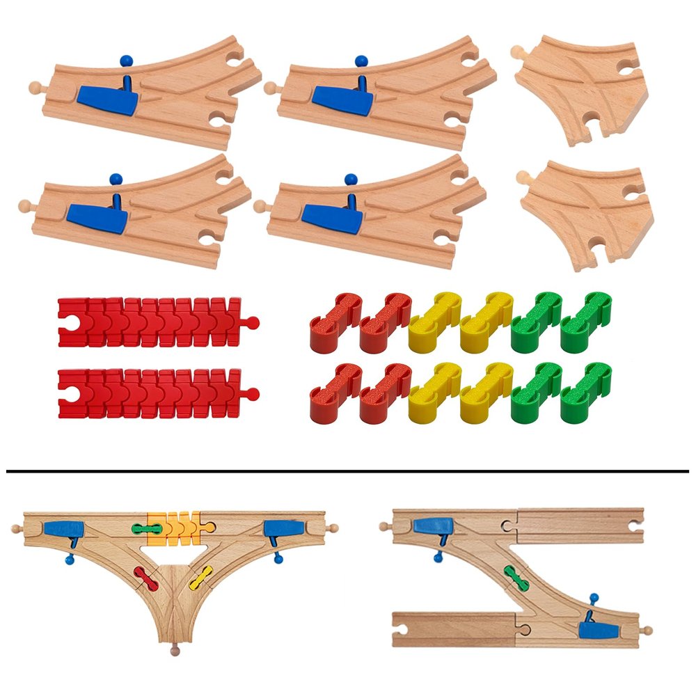 Bunu1492 Wooden Train Track Accessories Set, 20 pcs Train Track Connector, Compatible with All Major Brands Wood Train Tracks, Birthday Gift for Boys Girls, Train Toys Expansion Pack for Kids Ages 3+