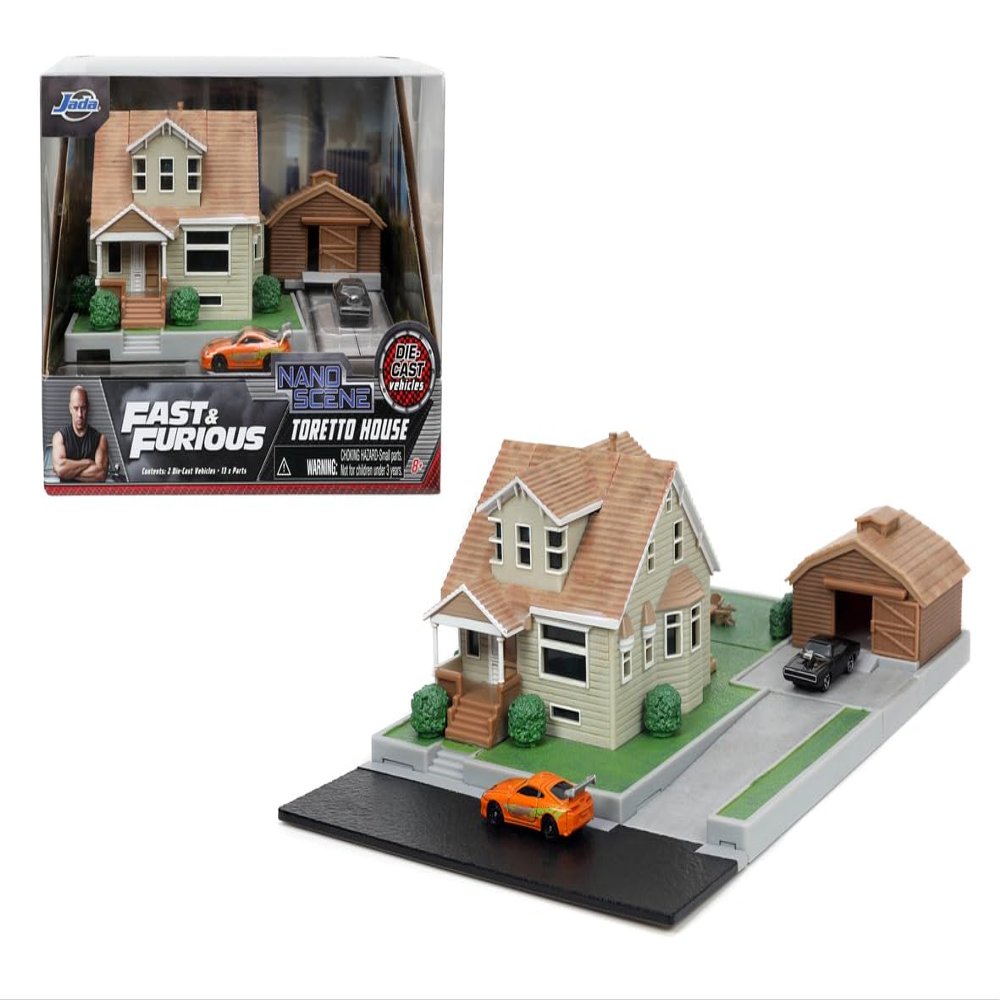 Jada Toys Fast & Furious Dom Toretto House with Garage and 2 Nano Vehicles, Diorama in 360 Scale, Includes Dodge Charger and Toyota Supra, Metal Model for Fans from 8 Years (9333668314R00)