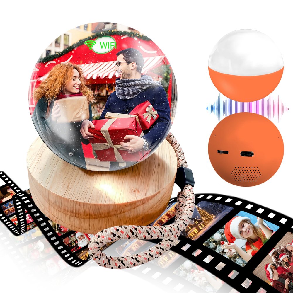 2.7" Custom Crystal Ball Video Player,Memory Sphere Ornament, Memory Orb Custom Video Sphere, Personalized Uploadable Videos & Photos, USB Rechargeable Crystal Ball Video Player for Gifts(Orange)