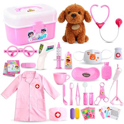 Girl Toys Doctor Kit for Toddlers 3-5 with Plush Dog, 39 PCS Kids Vet Play Set with Heartbeat Sound Stethoscope & Dress Up Toddler Doctor Costume & Hat, Pretend Play Pet Vet Toy for Girls Gifts
