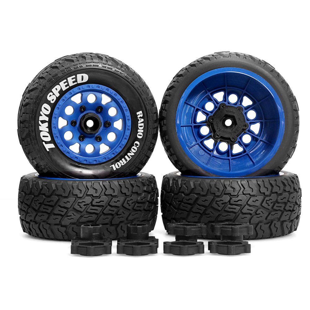 1/10 RC Short Course Truck Set Multi-Purpose Super Wear-Resistant Rubber Tires 12/14/17mm Removable Hex for All Brands 1/10 RC Off-Road Vehicle OEM Parts & DIY More RC cars / 4PCS (T130 Blue)