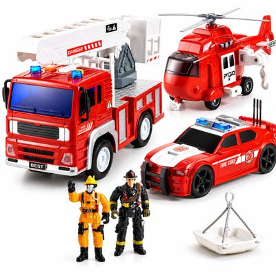 Fire Rescue Toy Set for Kids Ages 3+ Friction Powered Fire Truck, Rescue Helicopter, Fire Chef Car & 2 Firefighter Figures with Lights & Sounds, Pretend Play Gift for Boys and Girls