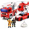 Fire Rescue Toy Set for Kids Ages 3+ Friction Powered Fire Truck, Rescue Helicopter, Fire Chef Car & 2 Firefighter Figures with Lights & Sounds, Pretend Play Gift for Boys and Girls view 1