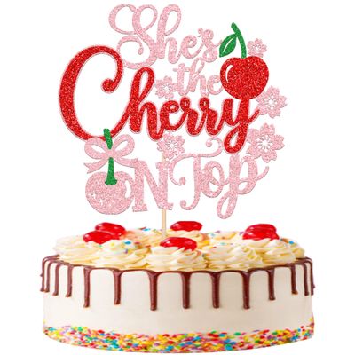 1 PCS She's the Cherry On Top Cake Topper Glitter Sweet Cherry Cake Pick Cherry On Top Baby Shower Decorations for Sweet Fruits Theme Wedding Bridal Shower Birthday Party Cake Decorations Supplies