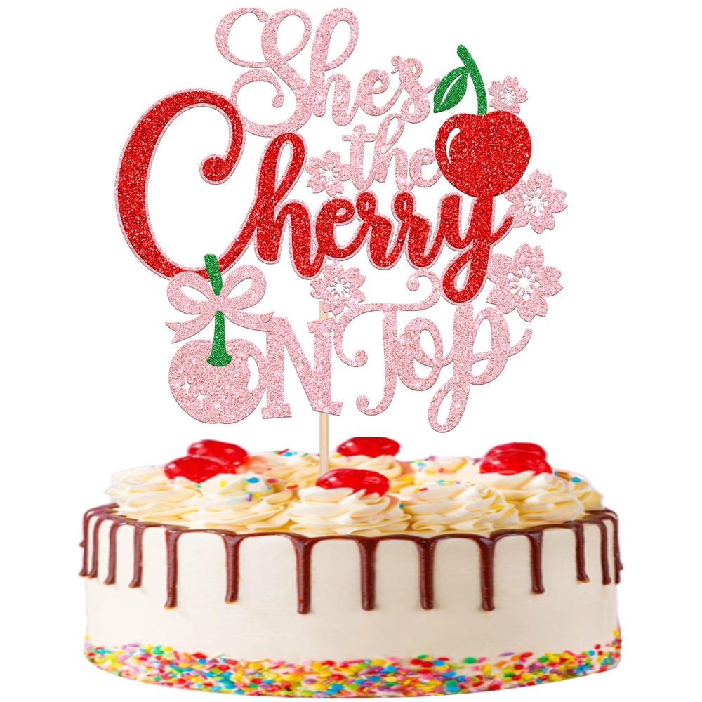1 PCS She's the Cherry On Top Cake Topper Glitter Sweet Cherry Cake Pick Cherry On Top Baby Shower Decorations for Sweet Fruits Theme Wedding Bridal Shower Birthday Party Cake Decorations Supplies