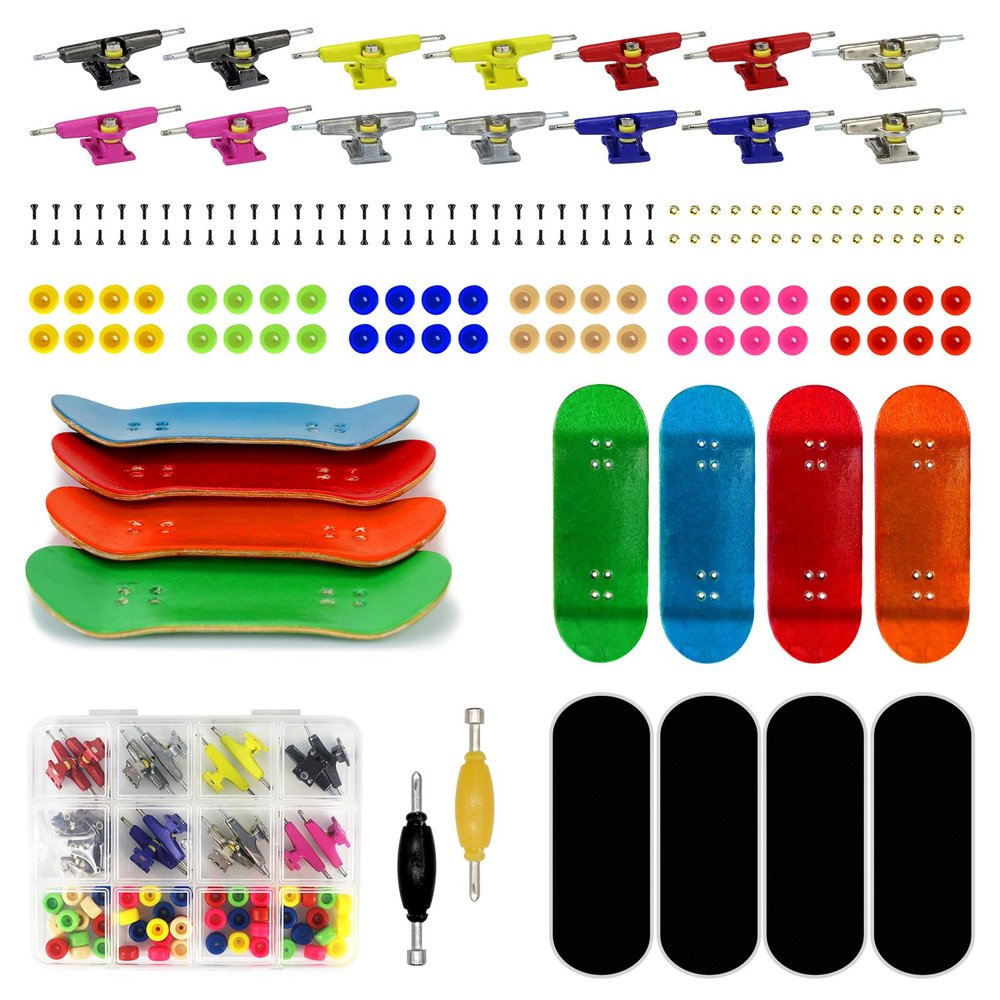 DisplayMore 162PCS Finger Skateboard DIY Set,- Includes Premium Multicolour Wooden Fingerboard Deck,Tape Prolific Foam Tape & Multicolour Wheels, The Classic - 34mm x 96mm - Pre-Drilled Holes Size