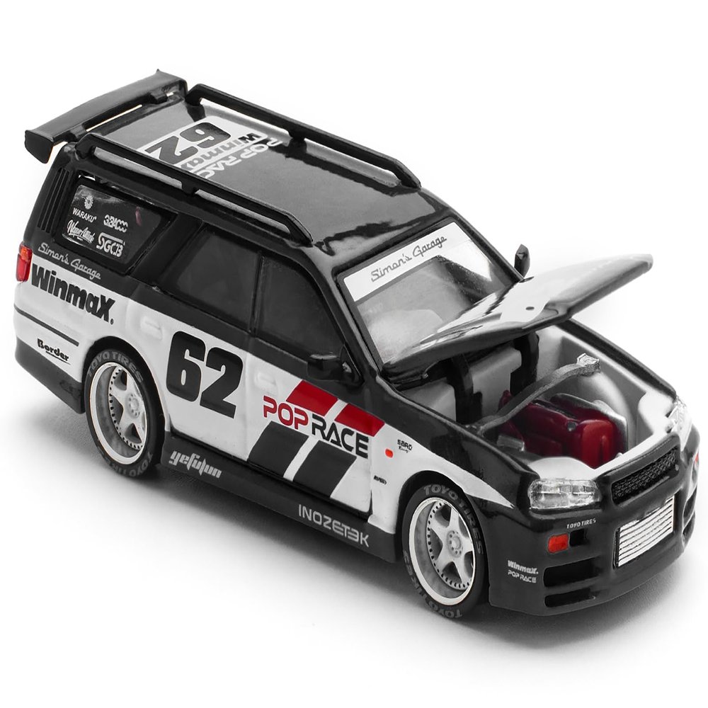 GT-R Stagea RHD (Right Hand Drive) #62 "Simon's Garage Black with White Sides 1/64 Diecast Model Car by Pop Race PR640211