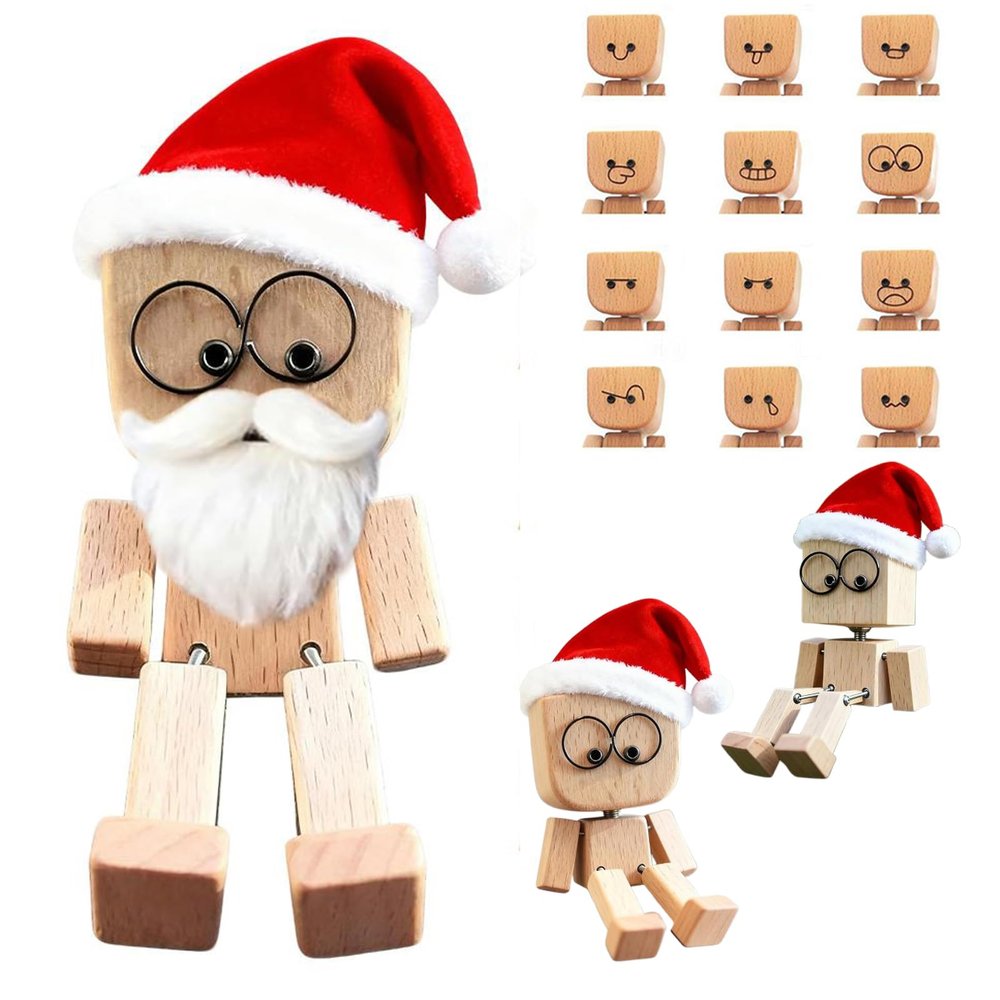 Christmas Shaking Wooden Man Figurine - Handmade Shak Feet Woodens Doll with Santa Hat,Charming Wooden Figure That Sways with 12PCS Magnetic Expressions,Car Dashboard Decor (Santa with beard, 1PCS)