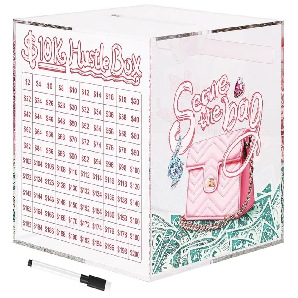 10K Smash Box Money Saving Challenge, Clear Acrylic Piggy Bank for Adults, Break to Open Cash Vault, Cash and Coin Collection Box (5.7 inch)