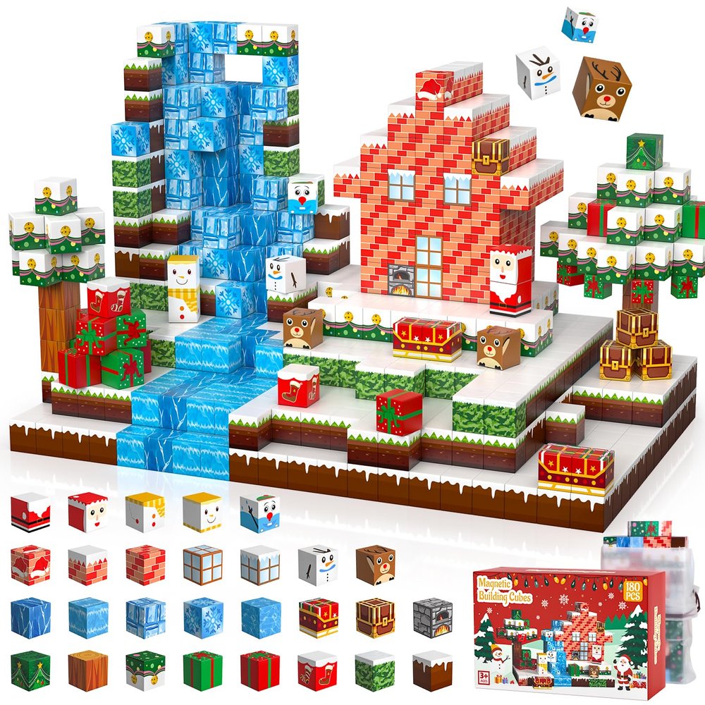 180PCS Magnetic Blocks - Christmas Magnetic Building Blocks Set for Kids STEM Sensory Magnetic Cubes Tiles Building Toys for Boys Girls Toddlers Ages 3 4 5 6 7 8-12, Xmas Gifts & Stocking Stuffers