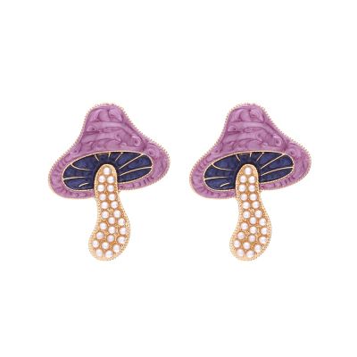 3.9 * 3cm Alloy Enamel Mushroom Retro Imitation Pearl Earrings,purple,3.9 * 3cm