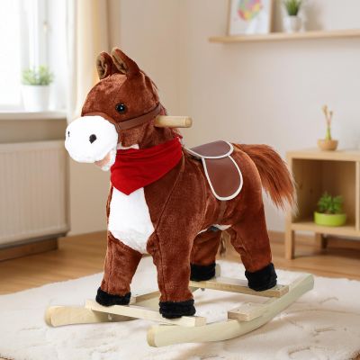 Bluethy Rocking Horse for Toddlers Ages 1-6, Plush Ride On Toy with Sounds Moving Mouth & Wagging Tail, Interactive Wooden Rocker for Kids, Baby Rocking Chair Toys up to 120kg (Dark Brown Small)