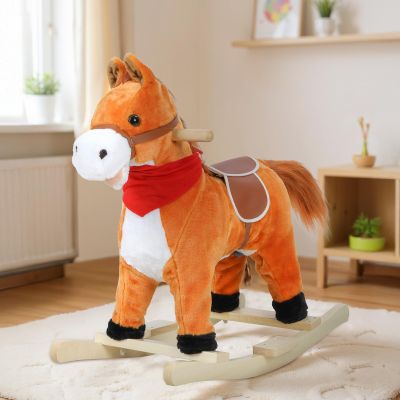 Bluethy Rocking Horse for Toddlers Ages 1-6, Plush Ride On Toy with Sounds Moving Mouth & Wagging Tail, Interactive Wooden Rocker for Kids, Baby Rocking Chair Toys up to 120kg (Light Brown Small)