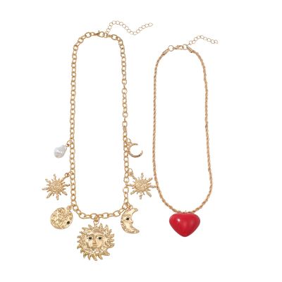 46.5+7.1cm Sun Moon Heart Pendant Imitation Pearl Necklace 2-piece Set,golden,46.5+7.1cm