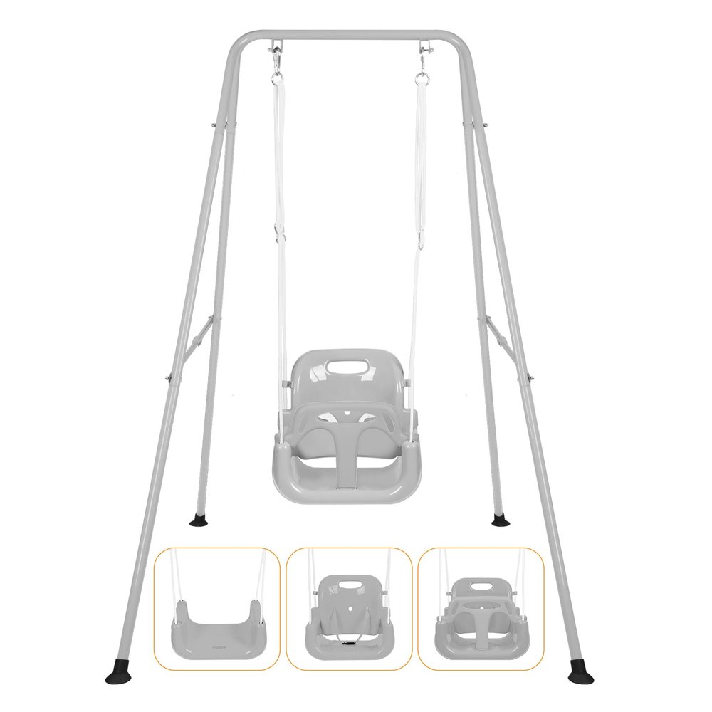 3-in-1 Toddler Swing Set, Foldable Baby Swing with Stand, Indoor & Outdoor Kids Swings Sets, Multifunctional Swings for Home Backyard, Easy to Install and Store (Gray)