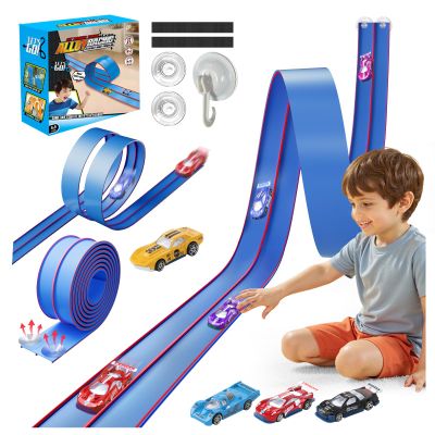 Upgrade Flexible Race Track for Kids, 15 Ft Flex Race Car Ramp Track with 4 Cars & Suction Cups - Compatible with Diecast 1/64th Cars, Car Tracks Toys for Kids Boys Girls Ages 3 4 5 6+ (Blue)