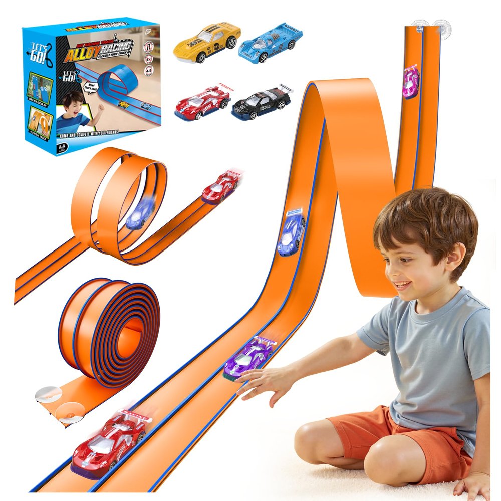 Upgrade Flexible Race Track for Kids, 15 Ft Flex Race Car Ramp Track with 4 Cars & Suction Cups - Compatible with Diecast 1/64th Cars, Car Tracks Toys for Kids Boys Girls Ages 3 4 5 6+ (Orange)