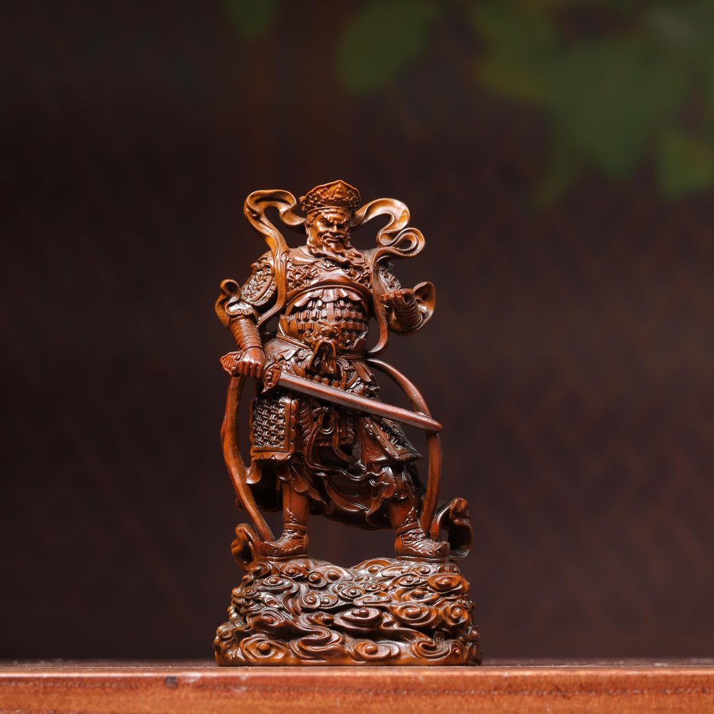 Antique Japanese Boxwood Carving: Set of Heavenly Kings Standing Statues [Guardians of The Four Directions] | Dhrtarastra, Virudhaka, Virupaksha, Vaisravana (Virudhaka, 12cm)