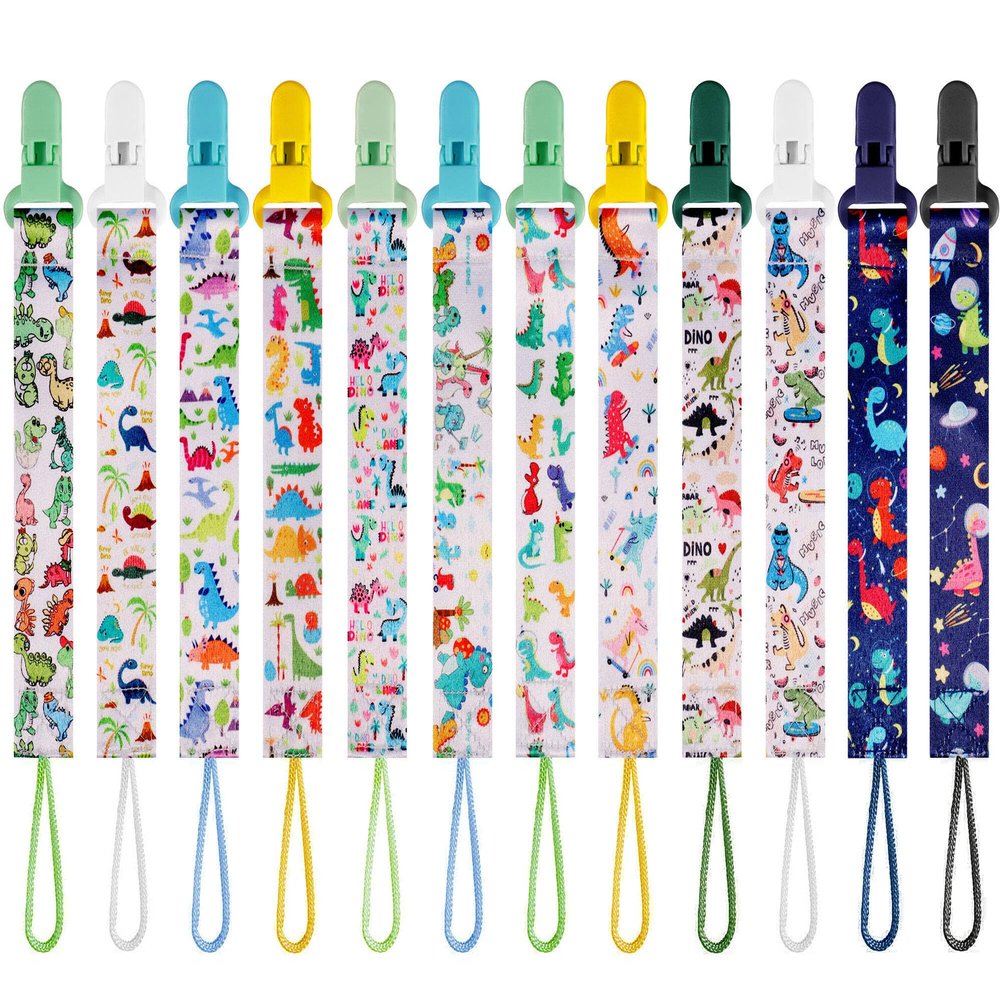 12 Pack Pacifier Clips with Adjustable Strap (32-46.5cm)/Short Strap(25.5cm) - Premium Polyester Baby Pacifier Holder Set, Multi-Design Clips for Boys Girls (Multicolor F 24/25cm)