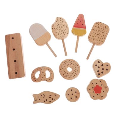 KONTONTY Wooden Ice Cream Play Set Pretend Kitchen with Simulation Popsicle Donut Egg Stick Educational Role Play Food for Safe Smooth Surface Wood Material Color Recognition Learning