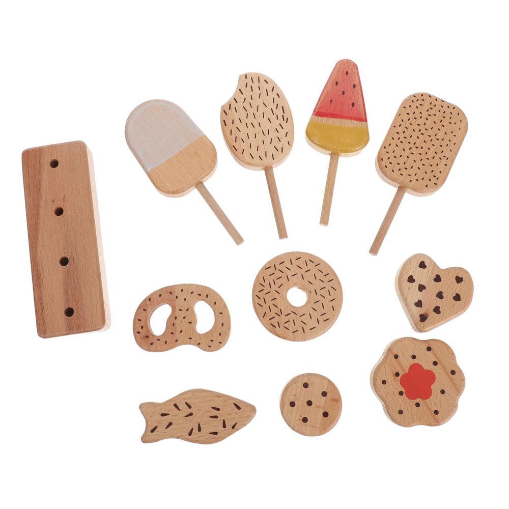 KONTONTY Wooden Ice Cream Play Set Pretend Kitchen with Simulation Popsicle Donut Egg Stick Educational Role Play Food for Safe Smooth Surface Wood Material Color Recognition Learning