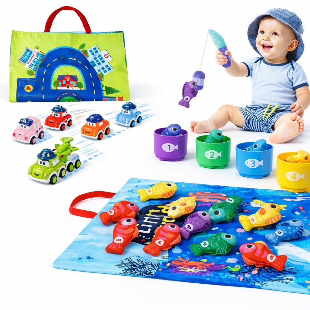 Goldge 2-in-1 Montessori Toys for 1 Year Old  Toddler Fishing Game with Stacking Cups & Pull-Back Cars, Soft Sensory Learning Toy for 12-18 Months, Easter Basket Stuffers for Toddler Boys Girls