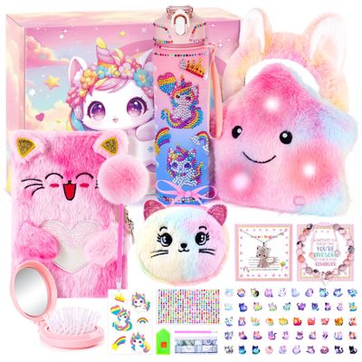 13PCS Unicorn Cat Toys Gifts for Girls 4-6 7 8 9 10 Years Old, Girls Birthday Gifts Set with Light Up Star Pillow DIY Water Bottle Kits, for Daughter Niece Christmas Birthday Baskets for Kids