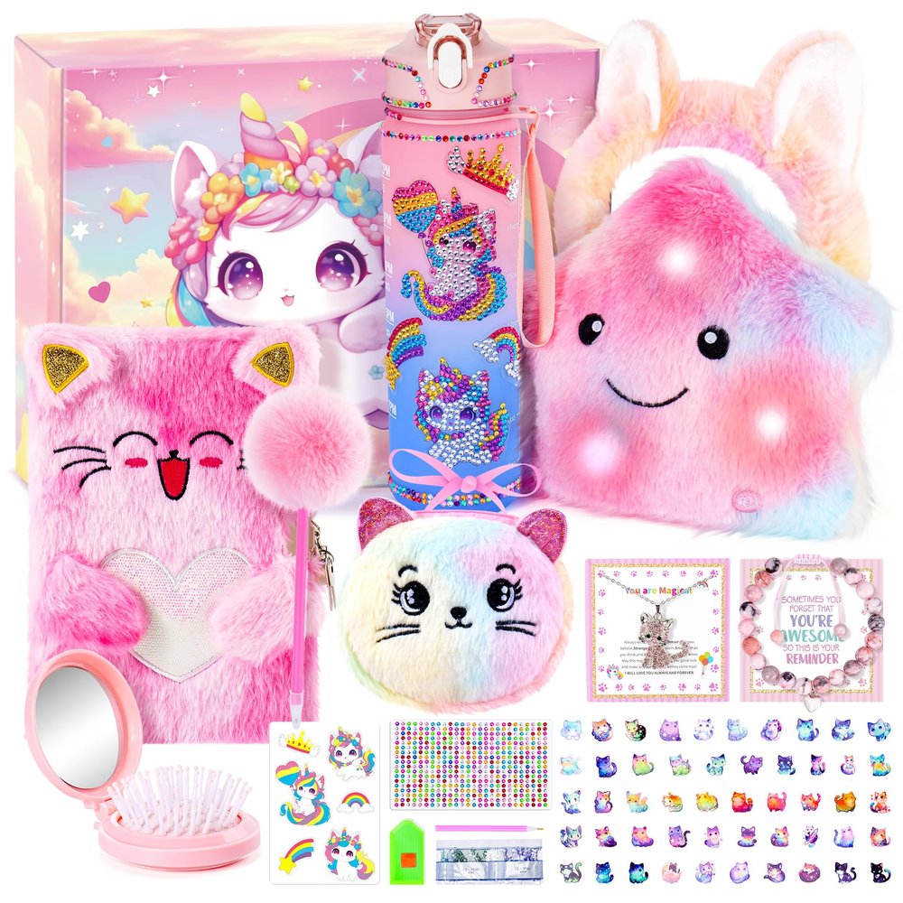 13PCS Unicorn Cat Toys Gifts for Girls 4-6 7 8 9 10 Years Old, Girls Birthday Gifts Set with Light Up Star Pillow DIY Water Bottle Kits, for Daughter Niece Christmas Birthday Baskets for Kids