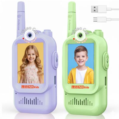 LEENK Video Walkie Talkies for Kids 2 Pack  Rechargeable Video Intercom Handheld, Indoor & Outdoor Range, Easy Use for Ages 3-12, Eco ABS, Clear Voice & Long Distance Communication (Green & Purple)