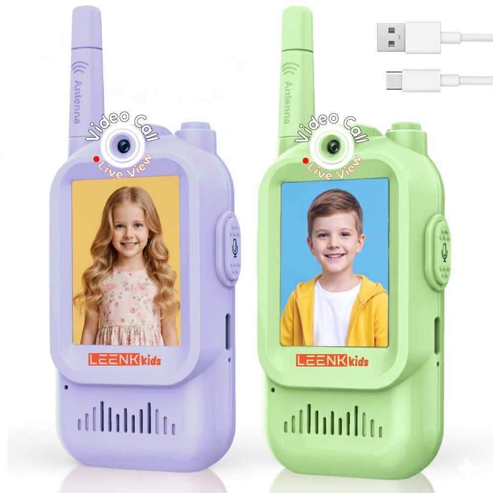 LEENK Video Walkie Talkies for Kids 2 Pack Rechargeable Video Intercom Handheld, Indoor & Outdoor Range, Easy Use for Ages 3-12, Eco ABS, Clear Voice & Long Distance Communication (Green & Purple)