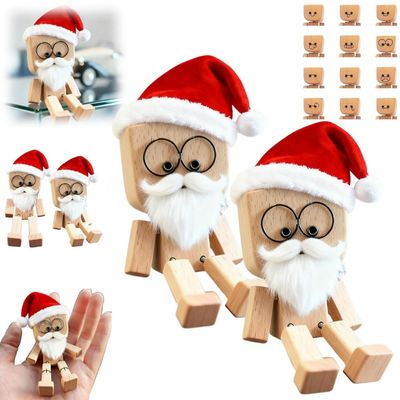 Christmas Shaking Wooden Man Figurine, Cute Figure That Sways with Santa Hat and DIY Beard, Charming Wooden Figure That Sways with 12PCS Magnetic Expressions for Car Dashboard Decor