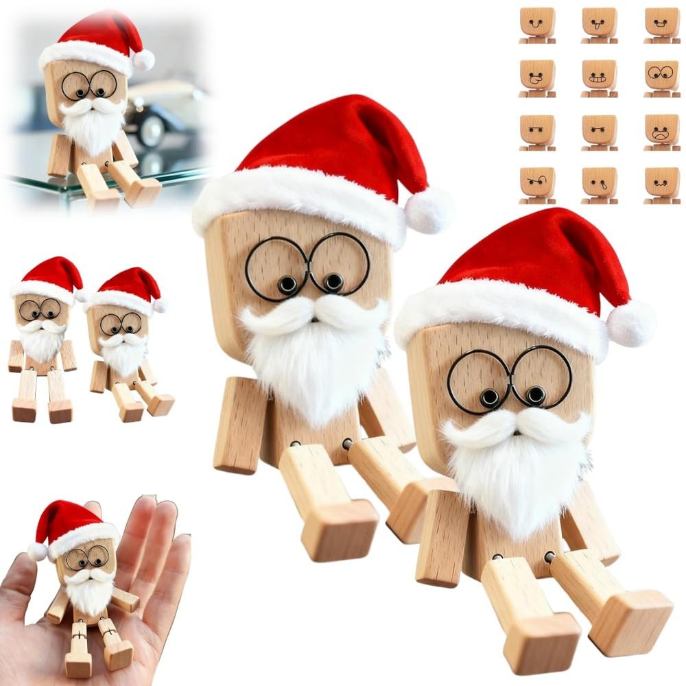 Christmas Shaking Wooden Man Figurine, Cute Figure That Sways with Santa Hat and DIY Beard, Charming Wooden Figure That Sways with 12PCS Magnetic Expressions for Car Dashboard Decor