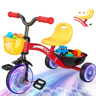 Kkdi Toddler Tricycle for 1-3 3-5 Year Olds, 2 3 4 5 Year Old Boys Girls Birthday Gifts, Toddler Baby Bike, Outdoor Toys for Ages 2-4, 4-Level Adjustable Seat, 3 Colorful Lighting Wheels, 2 Baskets