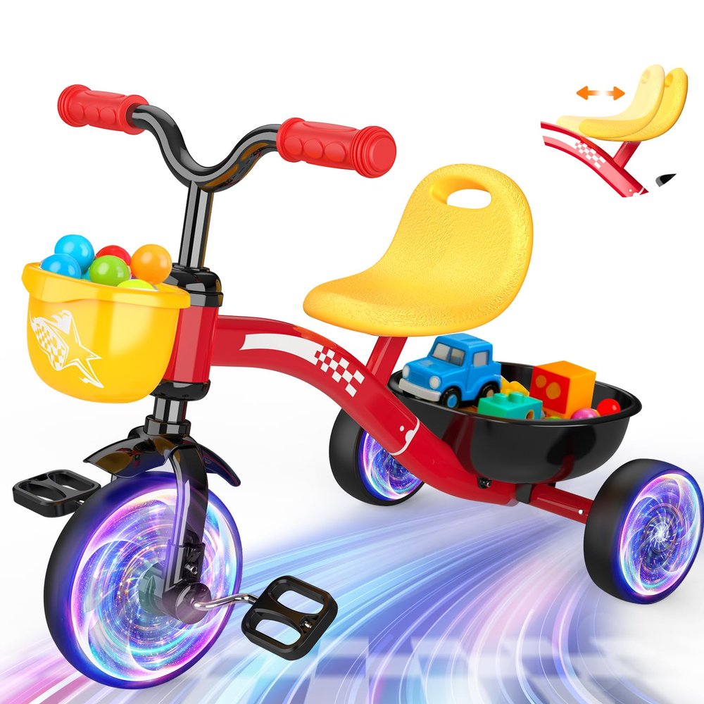 Kkdi Toddler Tricycle for 1-3 3-5 Year Olds, 2 3 4 5 Year Old Boys Girls Birthday Gifts, Toddler Baby Bike, Outdoor Toys for Ages 2-4, 4-Level Adjustable Seat, 3 Colorful Lighting Wheels, 2 Baskets