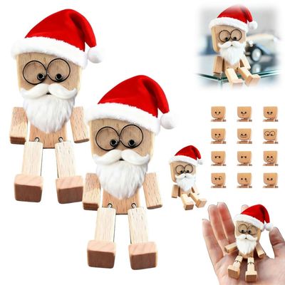 Christmas Shaking Wooden Man Figurine, Charming Little Wooden Figure That Sways with 12PCS Magnetic Expressions, Handmade Wood Shake Auto Ornament, Funny Car Dashboard Accessories