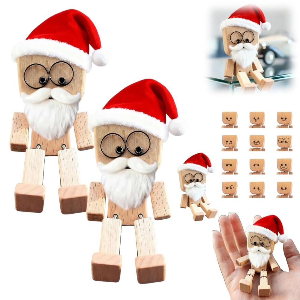 Christmas Shaking Wooden Man Figurine, Charming Little Wooden Figure That Sways with 12PCS Magnetic Expressions, Handmade Wood Shake Auto Ornament, Funny Car Dashboard Accessories