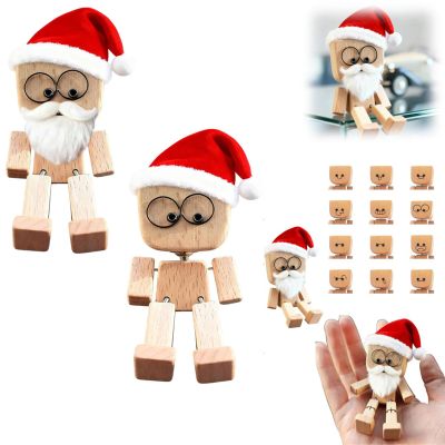 Christmas Shaking Wooden Man Figurine, Cute Figure That Sways with Santa Hat and DIY Beard, Charming Wooden Figure That Sways with 12PCS Magnetic Expressions for Car Dashboard Decor