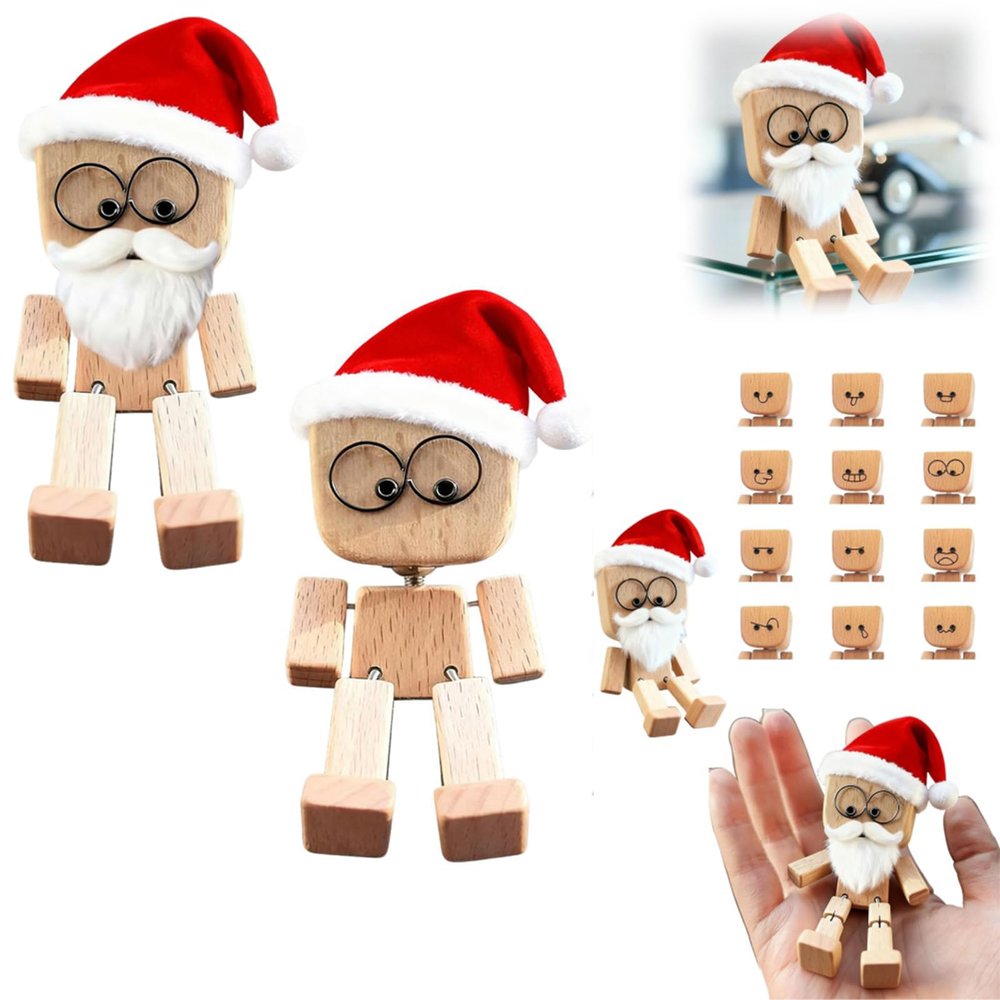 Christmas Shaking Wooden Man Figurine, Cute Figure That Sways with Santa Hat and DIY Beard, Charming Wooden Figure That Sways with 12PCS Magnetic Expressions for Car Dashboard Decor