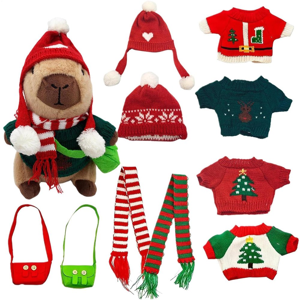 25cm Christmas Capybara Plush Toy with 10Pcs Clothes Accessories, Christmas Dress Up Stuffed Animal Doll Birthday Gift for Boys and Girls