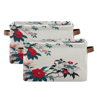Maunzc Japanese Abstract Floral Storage Bins Collapsible Storage Basket with Metal Frame, Fabric Shelves Bins Closet Baskets with Handles, 2-Pack