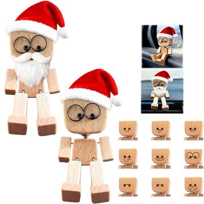EIRZNGXQ Christmas Hat Shaking Wooden Man Figurine with Beard, Handmade Shaking Feet Wooden Man Figurine Doll with 12PCS Magnetic Expressions, Portable Funny Car Dashboard Decorations (Wood B 2pcs)