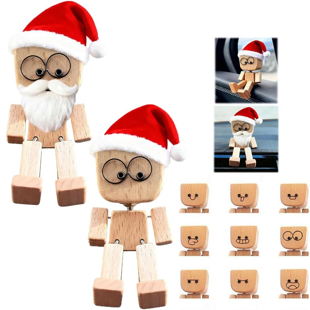 EIRZNGXQ Christmas Hat Shaking Wooden Man Figurine with Beard, Handmade Shaking Feet Wooden Man Figurine Doll with 12PCS Magnetic Expressions, Portable Funny Car Dashboard Decorations (Wood B 2pcs)